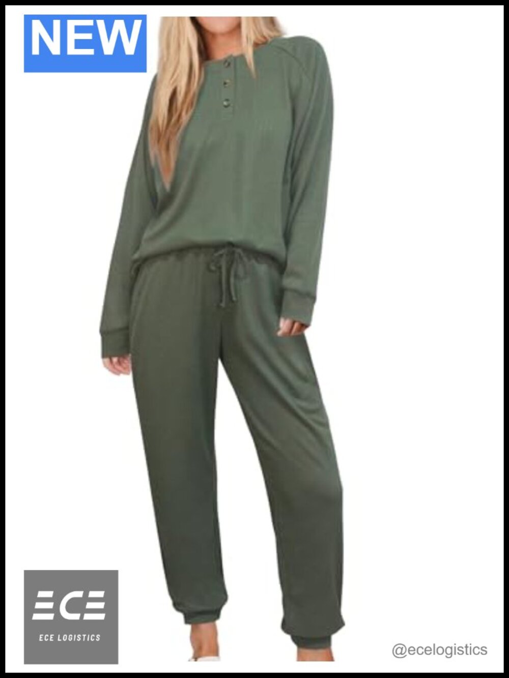 Waffle Knit Pajama Set Long Sleeve Henley Top & Jogger Pants Loungewear